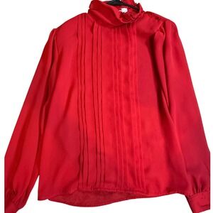Notations Vintage Red Pintuck Pleated High Neck Ruffle Blouse Size 8